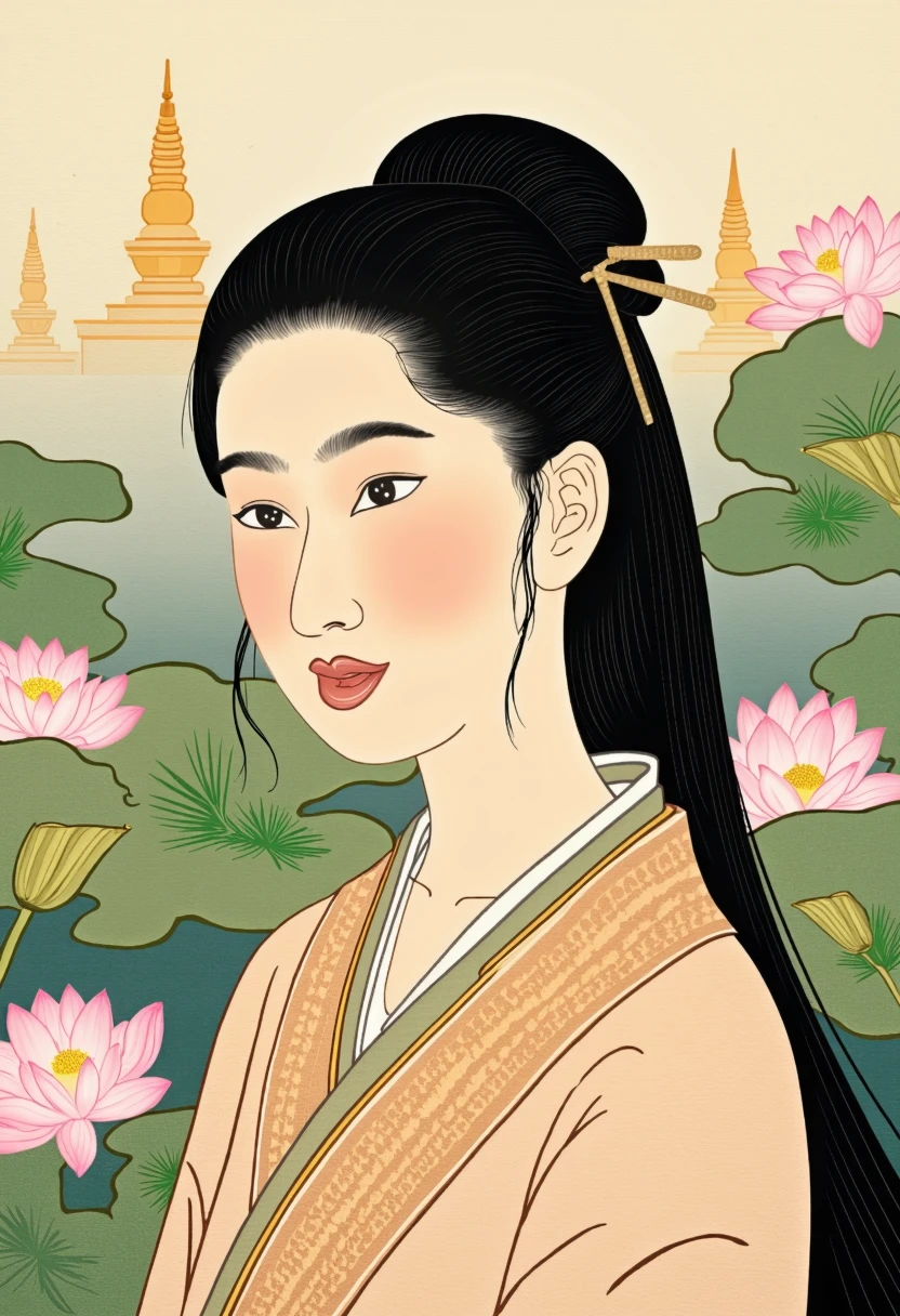 a portrait of a Thai woman inspired by Shunga art. The woman has smooth tan skin, high cheekbones, and a gentle, inviting smile, long black hair. She is dressed in a traditional Thai silk outfit with gold patterns, reflecting the elegance of Thai cultural attire. The background features lotus ponds and temple spires, with soft, flowing lines and pastel tones that are characteristic of Shunga art. The overall composition conveys a sense of tranquility, beauty, and understated sensuality, with delicate shading and intricate line work.