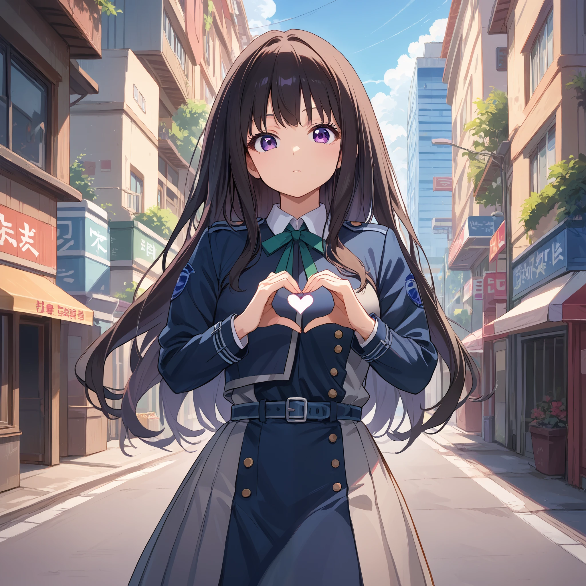 score_9, score_8_up, score_7_up, score_6_up, score_5_up, score_4_up, BREAK source_anime, look at viewer, rating_safe, 1girl, solo, standing, heart hands, city, outdoors, masterpiece, best quality, high detailed skin,  inoue takina, takina def, long hair, black hair, purple eyes, lycoris uniform, long sleeves, green neck ribbon, blue belt,