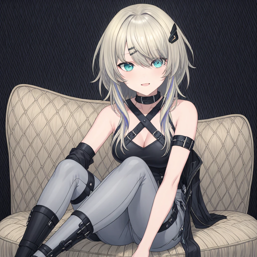 newlia, bangs, breasts, collarbone, eyebrows visible through hair, eyes visible through hair, hair ornament, hair covering one eye, hairclip virtual youtuber, platinum blonde grey hair, best quality, 
shading, ultra-detailed, ((sitting down, crossed legs,))
 <lora:LIA-XLv2-t1-000004:0.6>