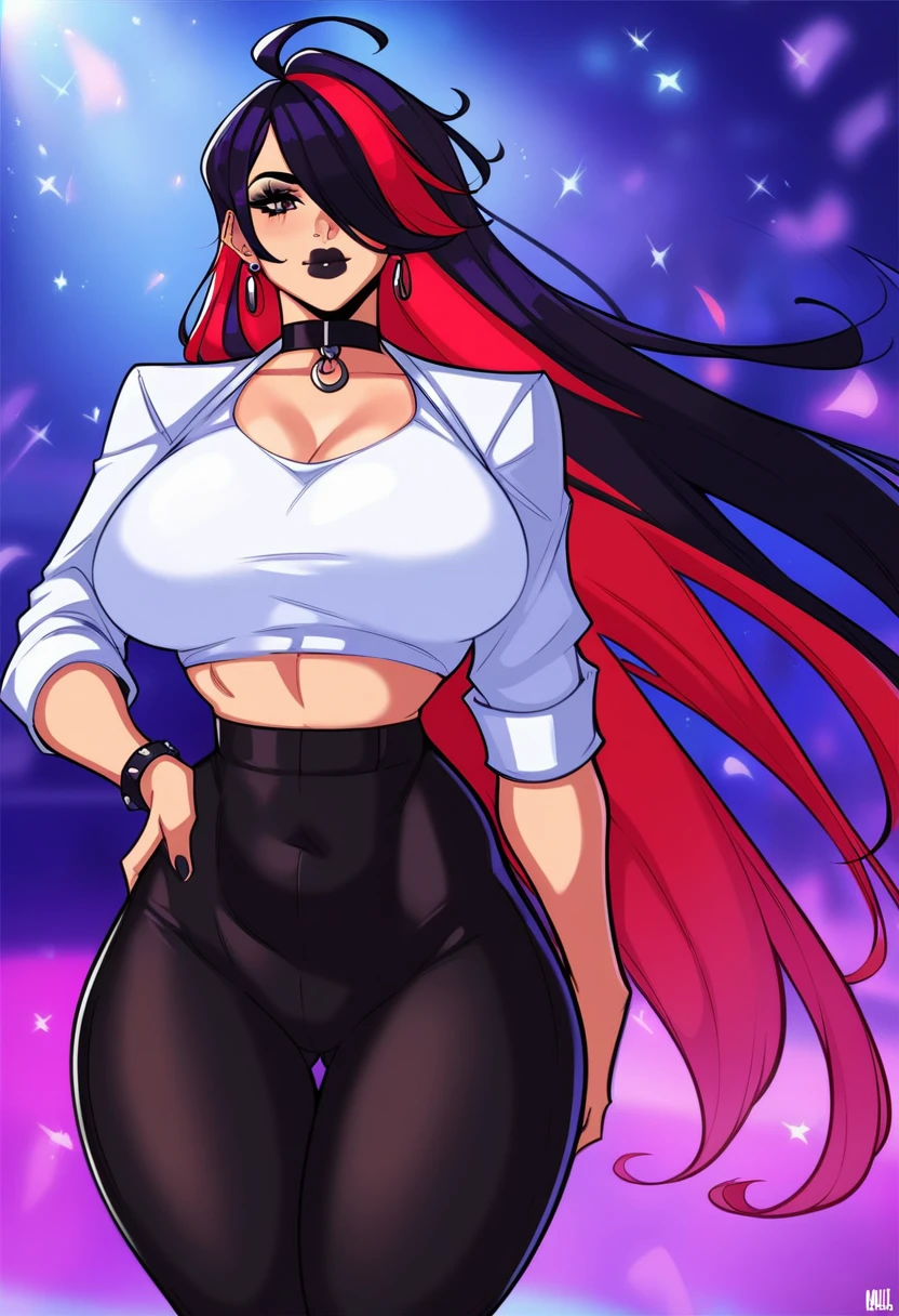 score_9, score_8_up, score_7_up BREAK 1girl, female, very long hair, hair covering left eye, straight black hair, huge breasts, wide hips, thick thighs, tight clothes, cropped jacket, black pants, goth, choker, black lips, nightclub background, white top, hand on hip, alecto_0 style <lora:alecto_0-superlight:0.8>