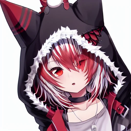 black head hood, short hair, fox tail, red hair pattern, black hoodie, White hair, fox ears, long black socks, red short socks, gloves