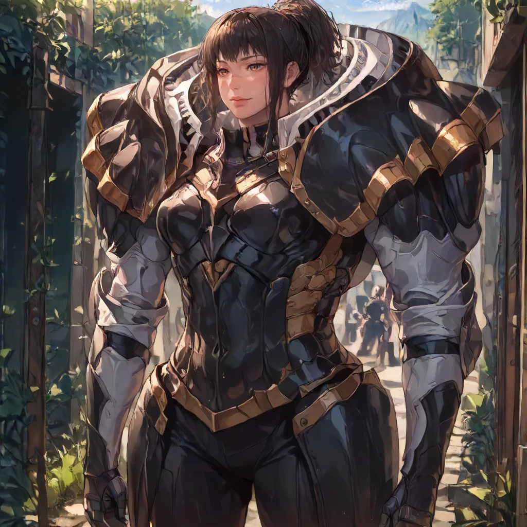 (solo:1.2), simple background, cowboy shot.  <lora:Clothing FEA Knight Armor-000016:1> f3akn1gt, black armor.   <lora:Character CSM Michiko Tendo v2:1> csmt3ndo, score_9, score_8_up, score_7_up, score_6_up, score_5_up, score_4_up, masterpiece, detailxl. BREAK