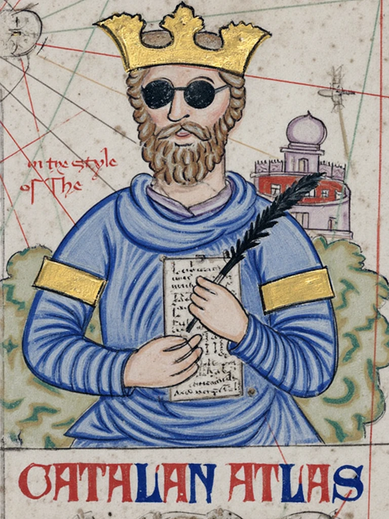 C4t41an style, a man with short brown hair and a beard wearing a gold crown and sunglasses and a blue and gold suit, he is holding a quill and a paper, castle in the background, red text at the top reading 'in the style of The', red and blue text at the bottom reading 'CATALAN ATLAS'