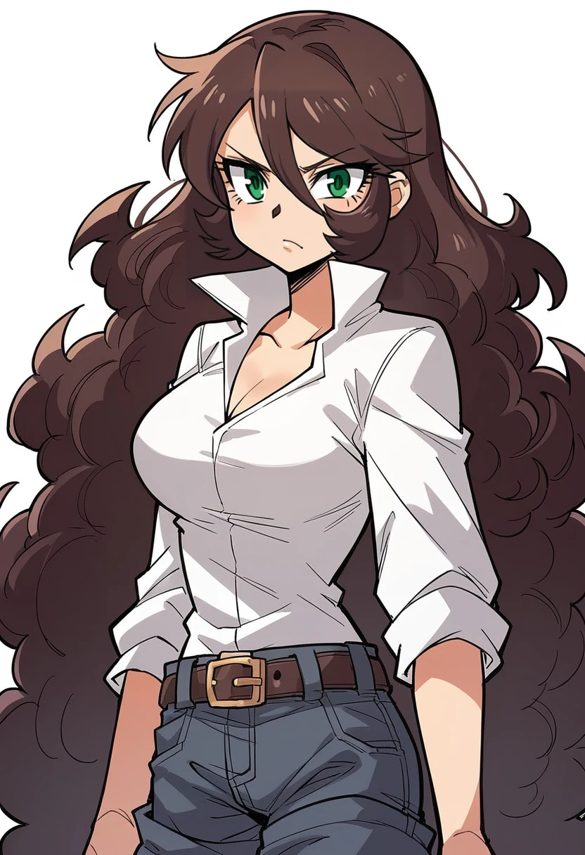 masterpiece, best quality, uncensored, source_anime BREAK score_9, score_8_up, score_7_up, score_6_up, score_5_up, score_4_up, 1girl, solo, mariewright, green eyes, brown hair, very long hair, big hair, curly hair, Expressiveh, white shirt, collared shirt, open collar, puffy sleeves, upper body, shorts, belt, glaring <lora:Expressive_H:0.6> <lora:add-detail-xl:0.5> <lora:mariewright:0.8>