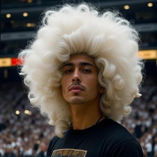 a detailed head and shoulder photo portrait of a man wearing a tshirt and white rococo wig, background is basketball stadium interior with crowd, slow motion, bokeh, cinematic 18k film still <lora:HAROQUE2FLUX-000001:1>