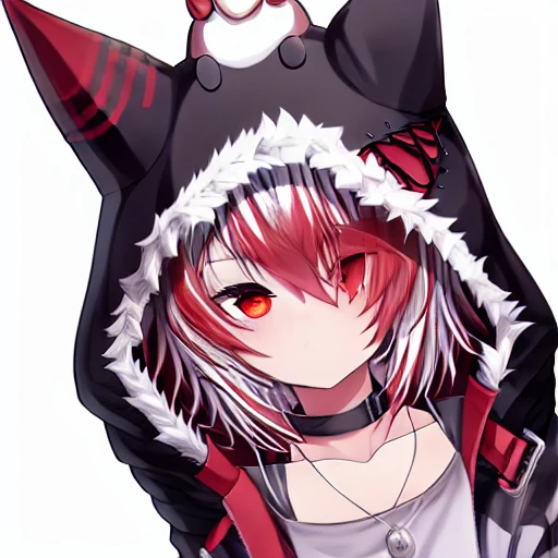 fox tail, black hoodie, collar, short hair, black head hood, gloves, White hair, red short socks, red hair pattern, fox ears