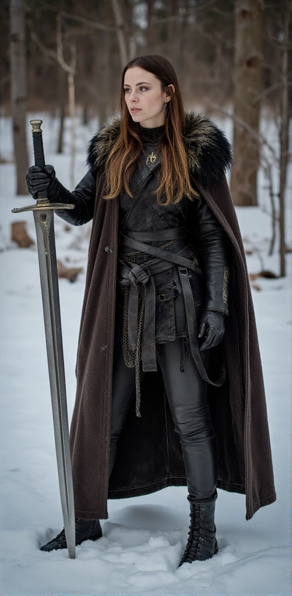 Jennifer Haben  has long  hair. Her hair are braided. She is a viking warrior and wears a light armor made of leather and bronze. she is holding a big sword with exquisit details in the snow in a forest. Ready to fight <lora:Jennifer_Haben:0.9>