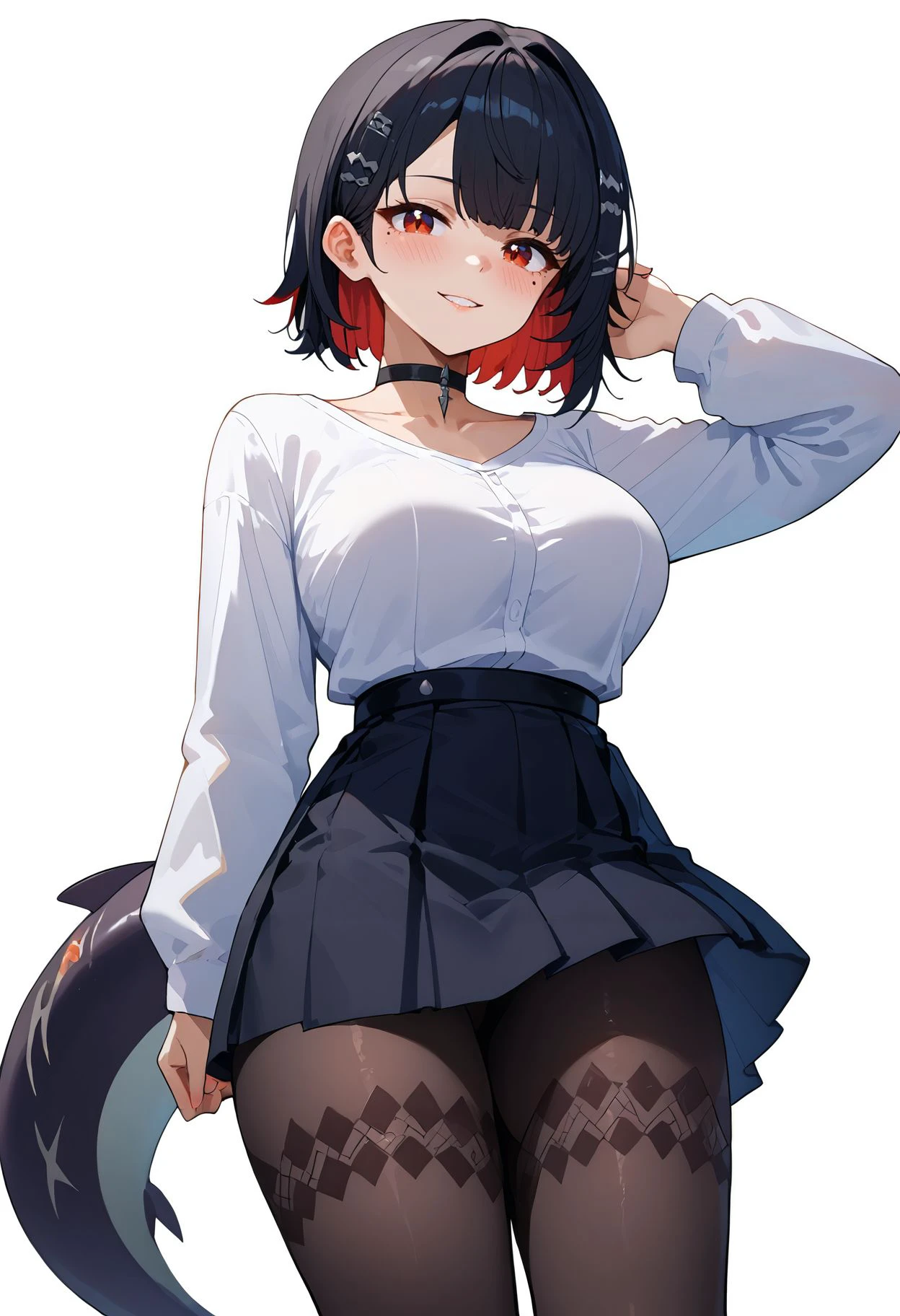 score_9,score_8_up,score_7_up,<lora:ellen_joe_zzz_v2_goofy:1>ellenJoeZzz,1girl, black choker, black hair, black pantyhose, black skirt, blush, breasts, choker, collarbone, colored inner hair, hair ornament, hairclip, large breasts, long sleeves, mole, mole under eye, multicolored hair, pantyhose, parted lips, red hair, shark tail, shirt, simple background, skirt, smile, solo, tail, thighs, white background, white shirt, red eyes