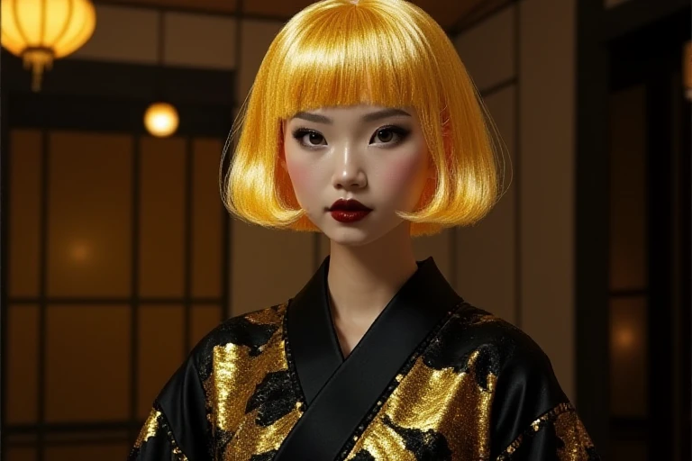 a high quality 4k detailed photograph of a woman with shiny gold hair made of strands of real gold wearing a black kimono with goldleaf in the style of AmeshinTHERE fashion