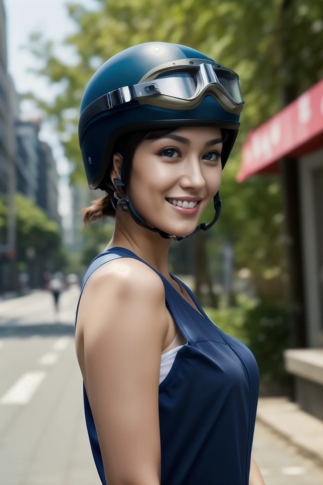 1girl, (solo), brown eyes, smile, goggles_helmet, <lora:goggles_helmet_v1:1>, hand on own hip, bust shot, outdoor, city background, (masterpiece:1.4), extremely detailed, (high resolution), (best quality),