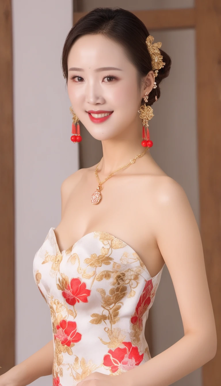 ,qihong,1girl,solo,perfect face,look at viewer,large breasts,cleavage,masterpiece,best quality,highly detailed,full body photo,(no mask:1.5),plump,curve,peach hip,(full body portrait:1.6),standing,glamor,bag on the shoulder,cheongsam,seductive smile,hair  bun,jewelry,necklace,ring,drop  earrings,myopia gold wire glasses,white high heels with red soles,<lora:QIHONG SDXL v2:1>