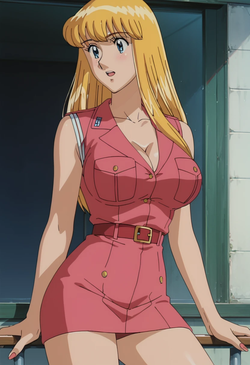 score_9, score_8_up, score_7_up, highres, masterpiece, 1woman, solo, long hair, sexy, r3iko, busty, breasts, blonde hair, anime coloring, large breasts, retro artstyle, 1980s (style), deep sexy neckline, sexy, short skirt