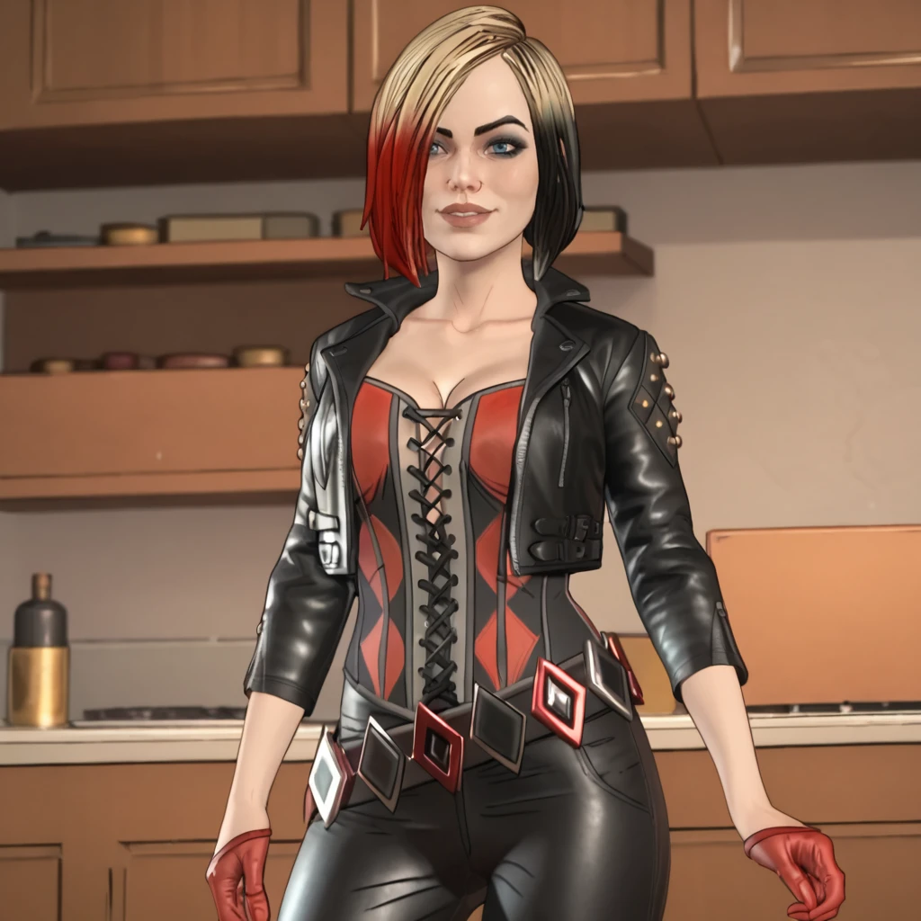 <lora:harleyquinntelltale_pony_v1:.9>  HarleyQuinnNoMakeupTelltale, 1girl, cleavage, belt, corset, open jacket, hair over one eye, makeup, lips, leather pants, red gloves, short blonde multicolored two-tone red hair, leather cropped jacket, large breasts