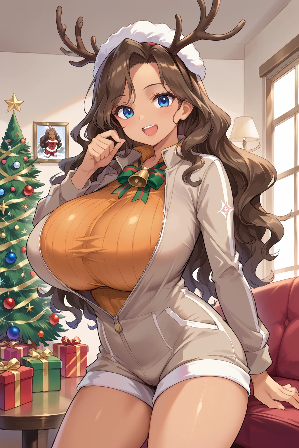 score_9, score_8_up, score_7_up, source_anime, BREAK, <lora:Short JumpsuitPony:0.6>, (short jumpsuit), brown jumpsuit, :d, smile, open mouth, antlers, indoors, christmas tree, huge breasts, partially unzipped, dark-skinned female, brown hair, blue eyes, wavy hair, long hair