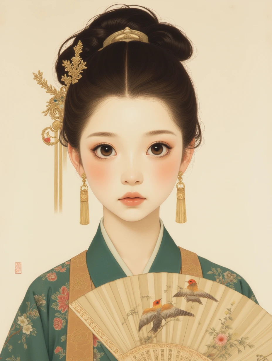 gongbihua,

A girl with dark brown hair in an elegant twisted updo, large round eyes, wearing a Ming dynasty cross-collar top with bird embroidery, gold tassel earrings, and a silk scarf around her neck, holding a painted fan.

