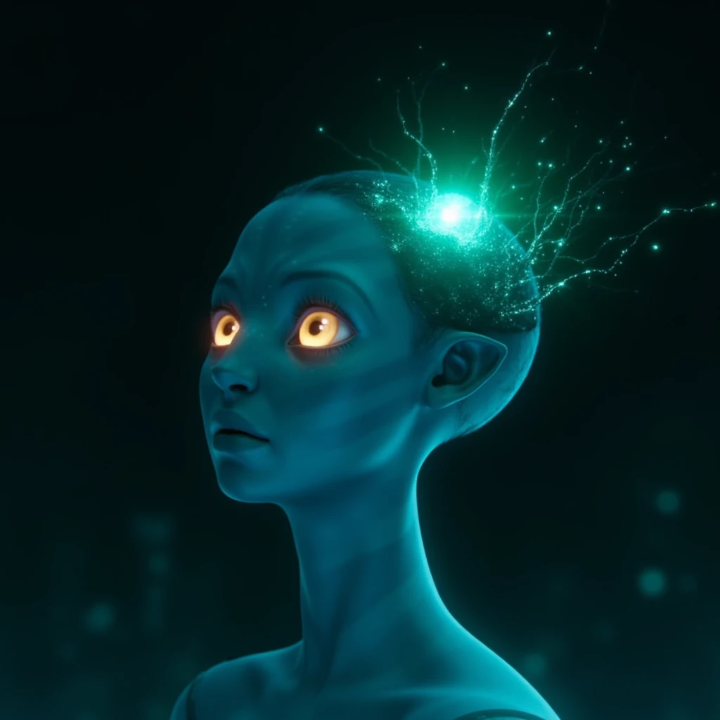 Anime screencap featuring a Minimalist art style side profile of a robot woman with a universe sprouting from her mind as she opens her eyes and attains consciousness for the first time in the dark. She has beautiful and intelligent bright orange eyes brimming with knowledge and benevolence. Mostly in hues of blue and green. ,<lora:Neytiri_avatar_2009_FLUX_v1-000037:0.75>