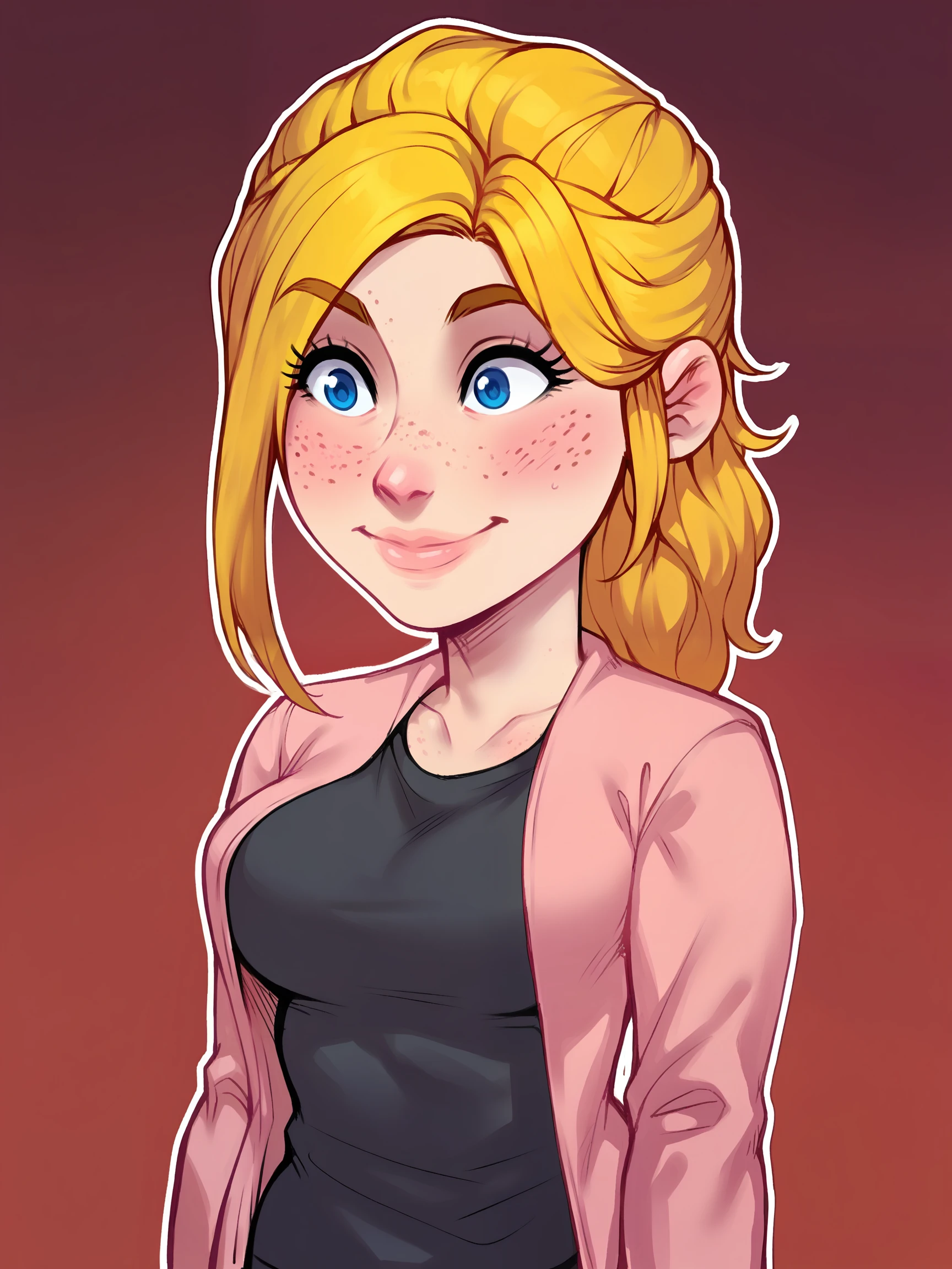 score_9, score_8_up, score_7_up, score_6_up, score_5_up, score_4_up, djc0mps, 1girl, curvy, freckles, EmilyA, blue eyes, blonde hair, braid, shirt, black shirt, jacket, pink jacket, long sleeves, arms crossed, portrait, big hips, big breasts, big ass, red background, white outline, smile,  <lora:EmilyA-03:0.8>, <lora:djc0mpsXLP:1>