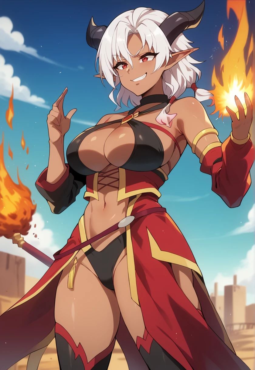 <lora:HeineOfTheFlameNSLT:1> HeineOTF, HeineDress, black horns, white hair, dark-skinned female, red eyes, pointy ears, large breasts, black choker, armlet, detached sleeves, red sleeves, black sleeves, cleavage, black panties, waist cape, groin, black thighhighs, thigh boots, dust, dunes, fire, magic, smug, cowboy shot, dutch angle,, 16k, masterpiece, absurdes, highly detailed, highres, high quality, best quality, score_9, score_8_up, score_7_up, score_6_up, shiny, shiny skin, shiny hair, shiny clothes