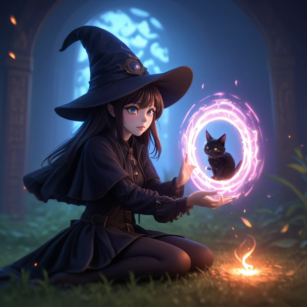 Cinematic shot of a cute little witch, wearing magical hat, sitting on her knees casting a portal spell with her hand, a little black cat i summoned from the portal, summoning portal, forest in background, masterpiece, best quality, highly detailed, sharp focus, dynamic lighting