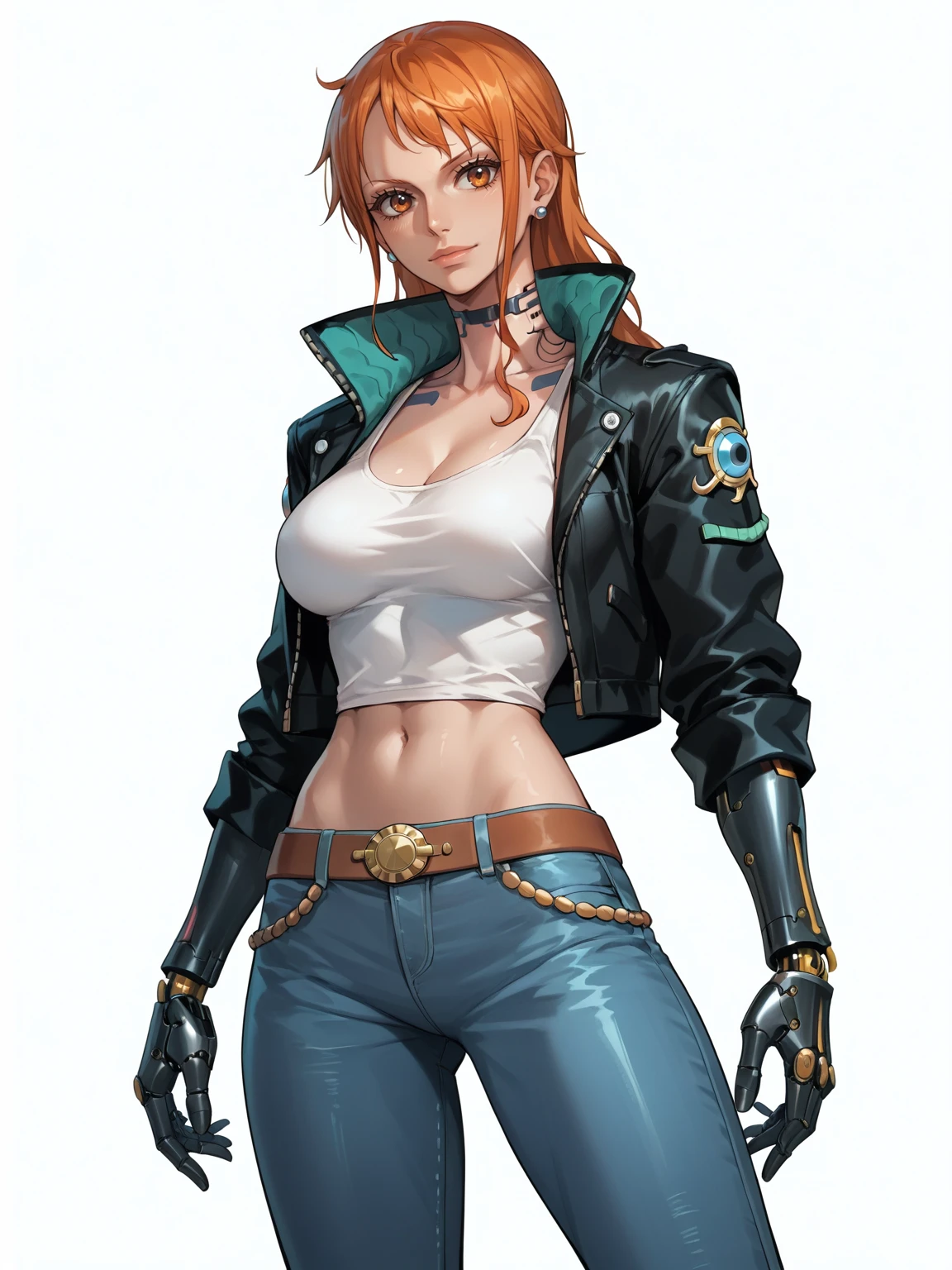 score_9, score_8_up, score_7_up, score_6_up, score_5_up, score_4_up, (derpibooru_p_95), source_cartoon, rating_save, digital art, solo, robot body, cybernetic arms, cybernetic neck, cyberpunk, cowboy shot, one piece, nami, dressed in black jacket, shirt, pants, simple white background