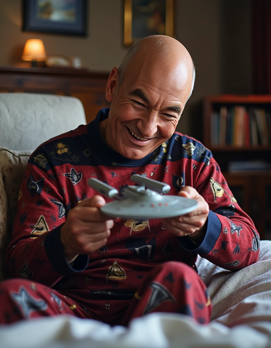 PicardLucJoHn69 <lora:picardlucjohn69:1> exact replica of PicardLucJoHn69, a man playing with a miniature Star Trek USS Enterprise spaceship, child like joy on his face, wearing patterned star trek logo men pajamas on his bed  <lora:flux_realism_lora:0.5>