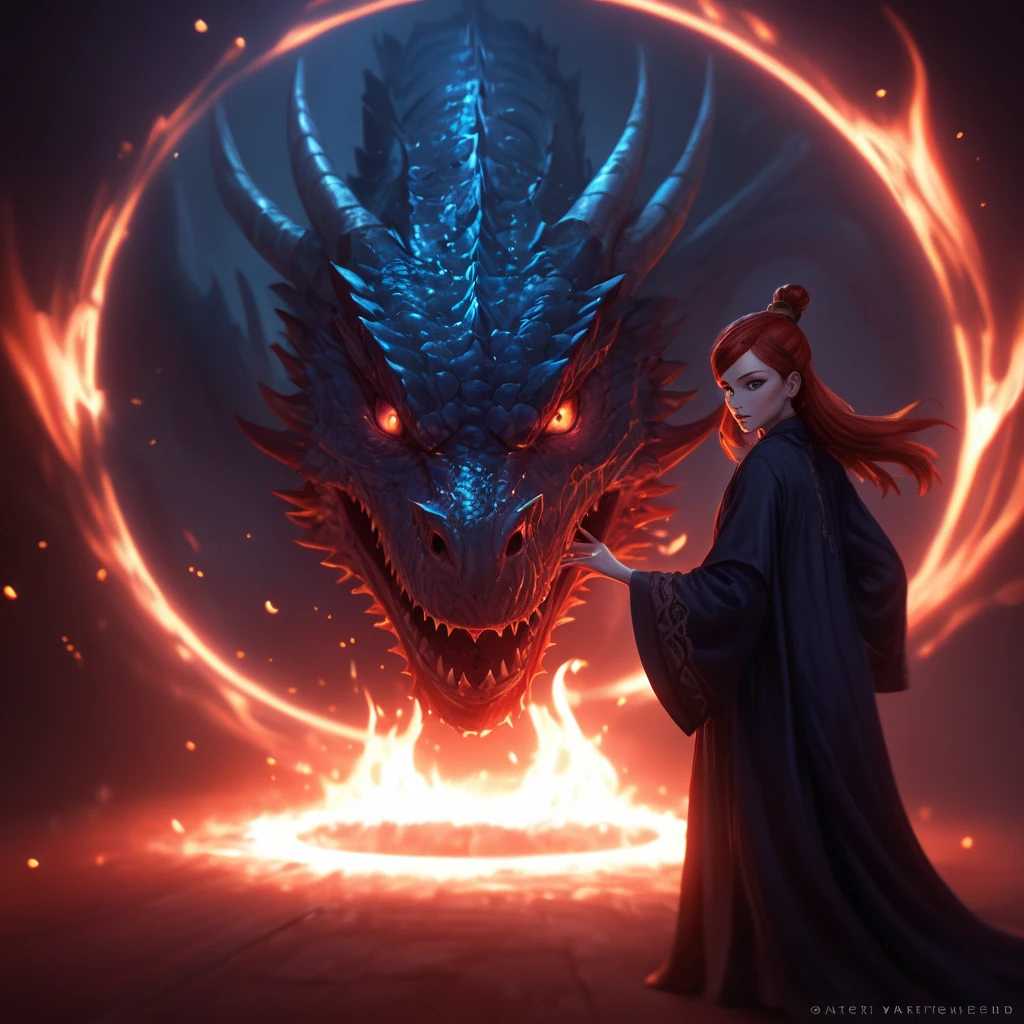 Cinematic shot of a witch with red hair and wearing red magical robe and hat, summoning a giant red dragon with red scales and sharp teeth from a big flaming fire portal, the fierce red dragon is slowly appearing from the portal and enering our world, summoning portal, dungeon room in background, masterpiece, best quality, highly detailed, sharp focus, dynamic lighting