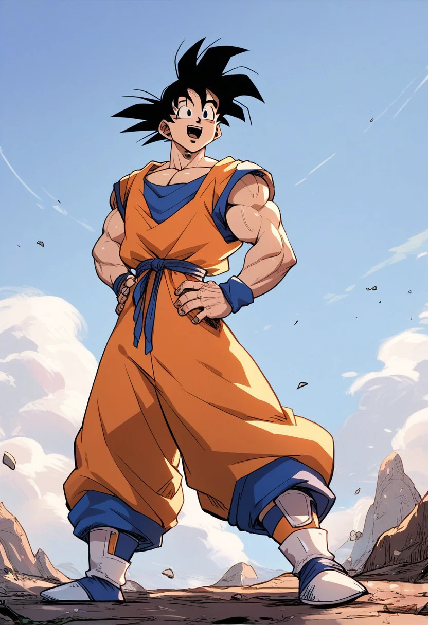 score_9, score_6_up, score_8_up, score_7_up, goku, 1boy, solo, male focus, muscular, dougi, pectorals, hands on hips, wristband, open mouth, boots, sky