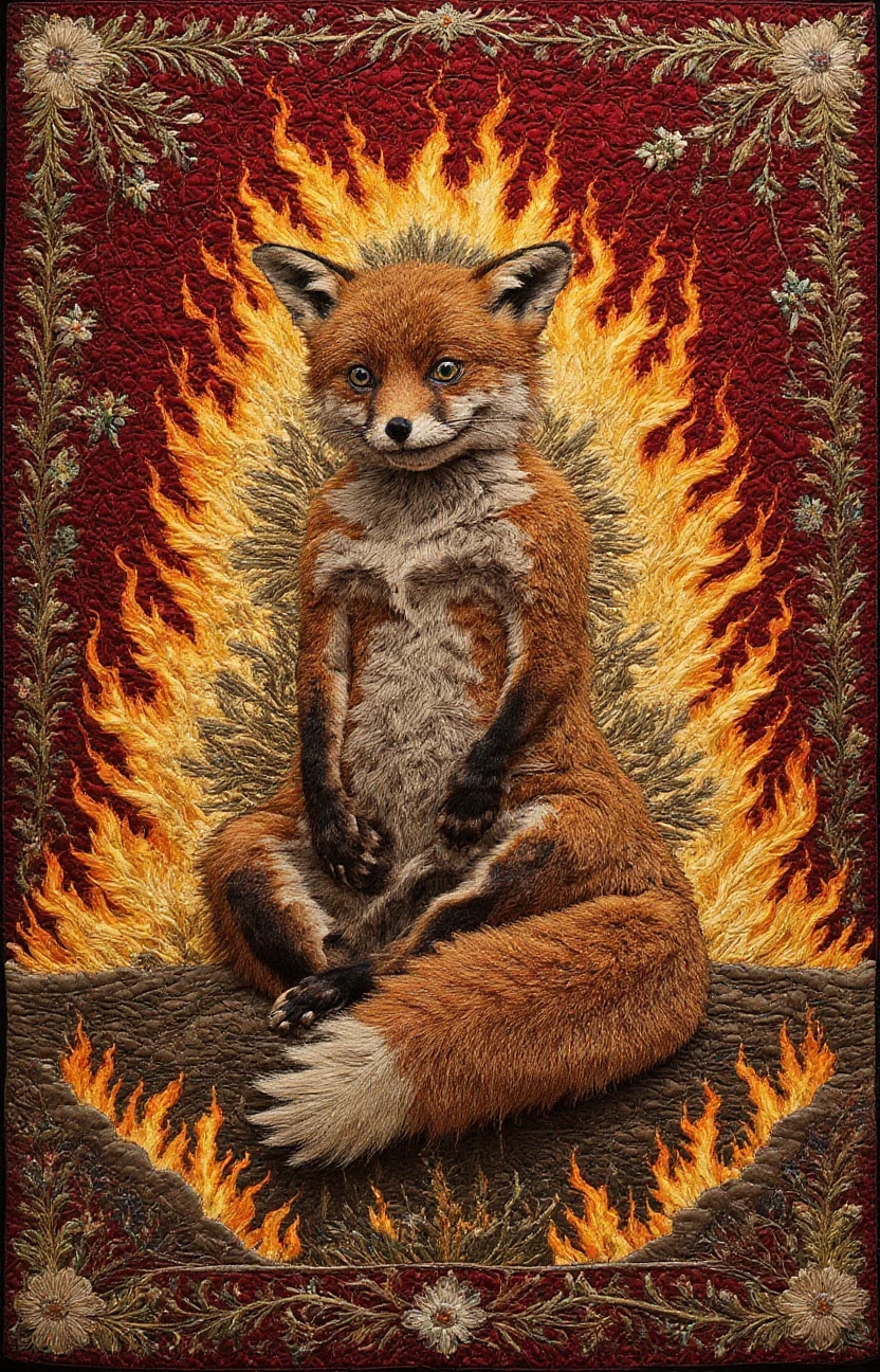 embroidered fox on fire,   <lora:- Flux1 - stoned_fox_V1.0:.7>   <lora:Embroidered_Quilting_Flux:1>