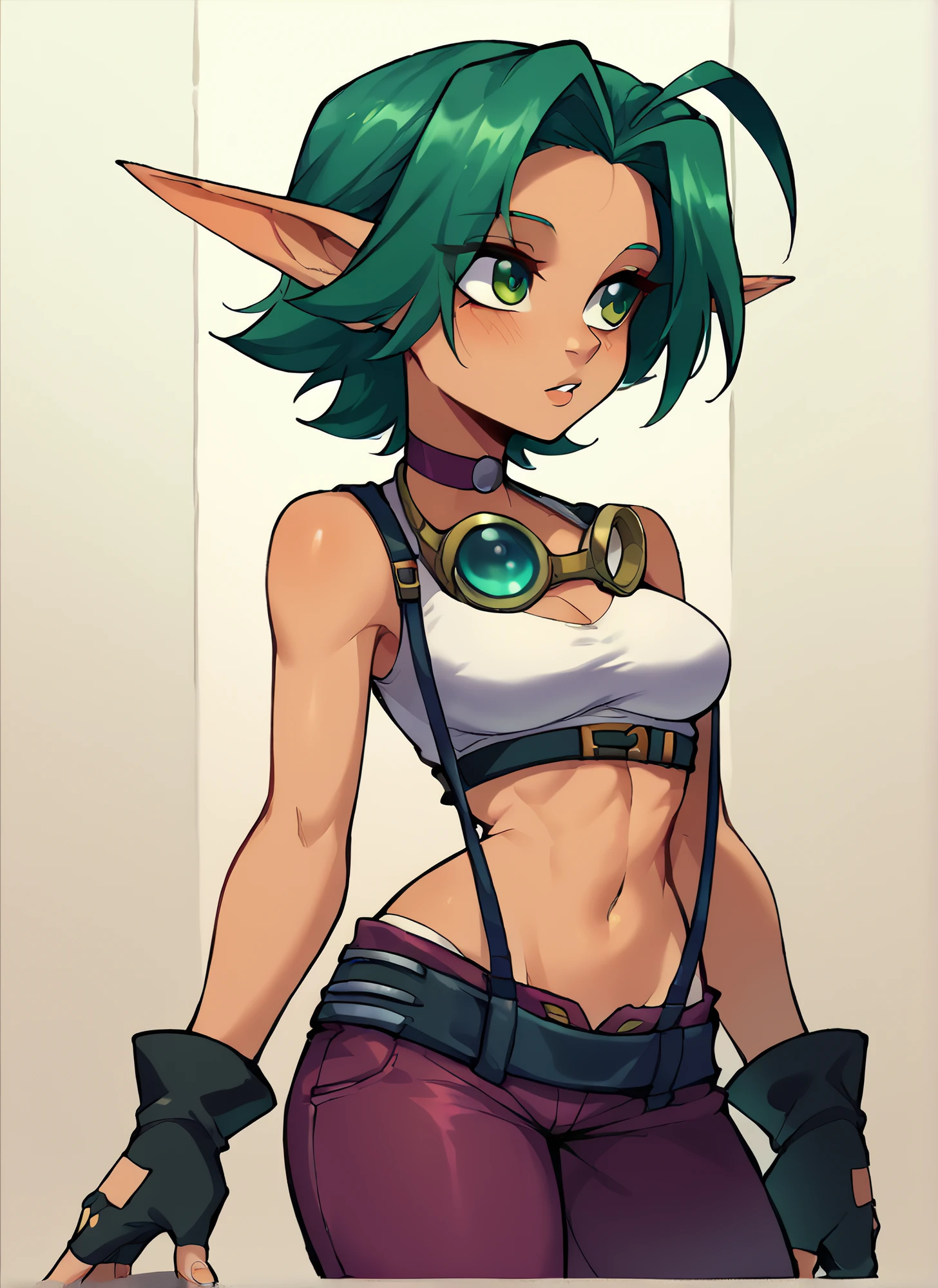 score_9, score_8_up, score_7_up, 1girl, dakosito style, keira hagai, pointy ears, green eyes, choker, goggles, crop top, suspenders, green hair, midriff, purple pants, fingerless gloves