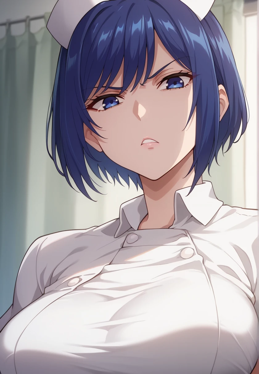 <lora:nurseTachibana-10:1> nursetachibana, blue hair, short hair, blue eyes, large breasts, nurse cap, white dress, white shirt, stare, looking at viewer,, 16k, masterpiece, absurdes, highly detailed, highres, high quality, best quality, score_9, score_8_up, score_7_up, score_6_up, shiny, shiny skin, shiny hair, source_anime, anime screencap, anime coloring, official style, style parody, parody, looking at viewer, portrait, upper body, close-up,