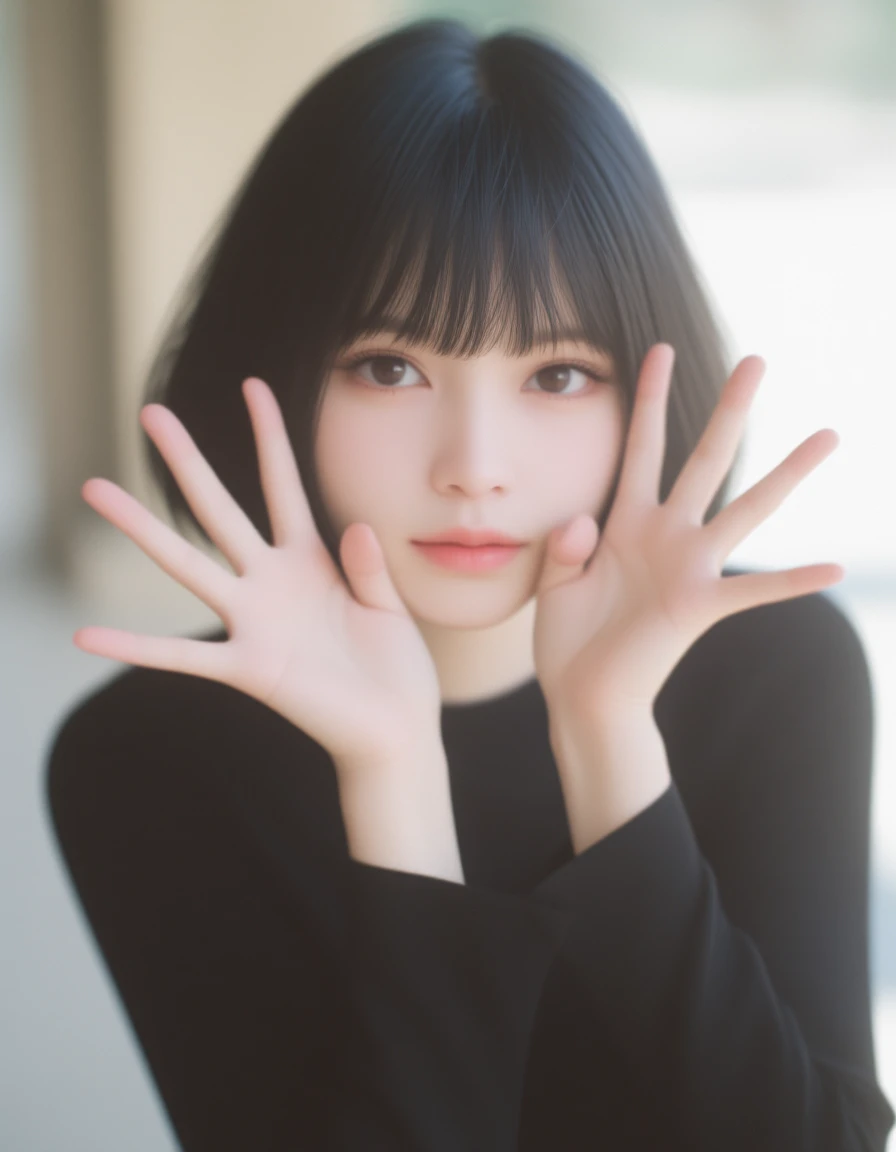 A slightly blurred photograph of a young Japanese woman with a black bob haircut and bangs, posing playfully with her hands raised beside her face, fingers bent slightly as if mimicking a âroarâ gesture. The expression on her face is cute yet calm, embodying a serene charm. She is wearing a modest, clean outfit in black and white tones or neutral shades, fitting the overall atmosphere of elegance. The image exudes a nostalgic analog film vibe, as if taken with a Fujifilm camera, featuring soft natural lighting and a subtle graininess that adds to the dreamy, vintage aesthetic. The composition allows for flexible angles, whether closer up for an intimate portrait or with a wider view that captures more of the serene environment, creating a sense of warmth and casual beauty, <lora:flux-D-3DNiji:1> niji