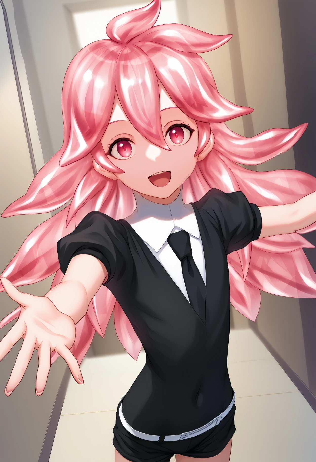 score_9, score_7_up, <break> solo, 1other, morg, white skin, happy, open mouth, looking at you, outstretched arms, reaching towards viewer, long hair, crystal hair, pink hair, pink eyes, hair between eyes, black shirt, puffy short sleeves, collared shirt, black necktie, white belt, black shorts, indoors, hallway
 <segment:yolo-face_yolov8m.pt,0.4,0.5//cid=1>