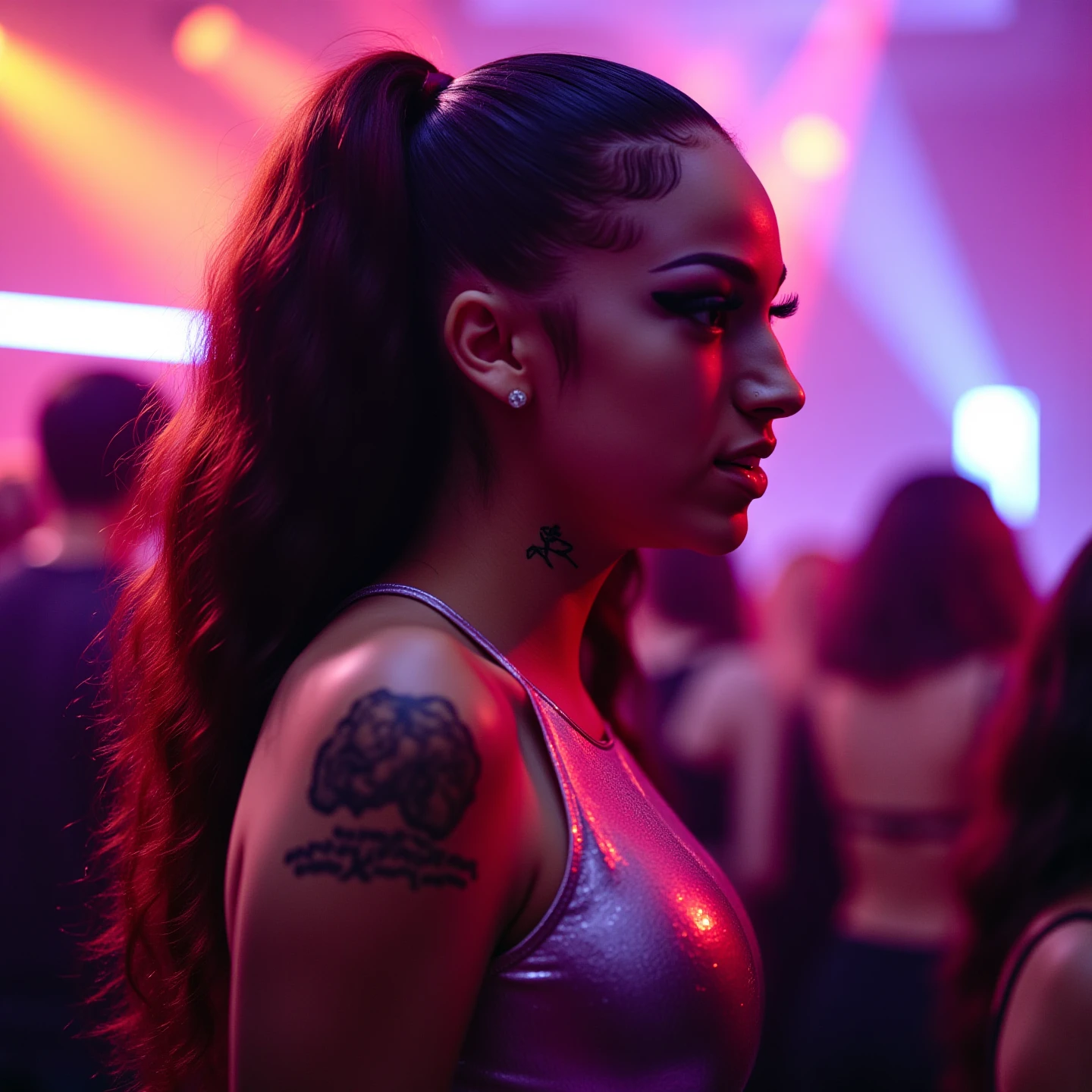 BhadBhabie in full profile, facing right, in a vibrant nightclub setting. Behind her, the background is a blur of colorful lights and silhouetted figures. She's wearing a chic, metallic top that catches and reflects the club lights. Her hair is styled in voluminous, party-ready waves. The scene is lit by pulsing, multicolored lights that create a dynamic play of color on her face. Her expression is energetic and confident as she surveys the lively scene. The headshot captures the vibrant nightlife atmosphere and the bold outline of her profile against the electric backdrop.