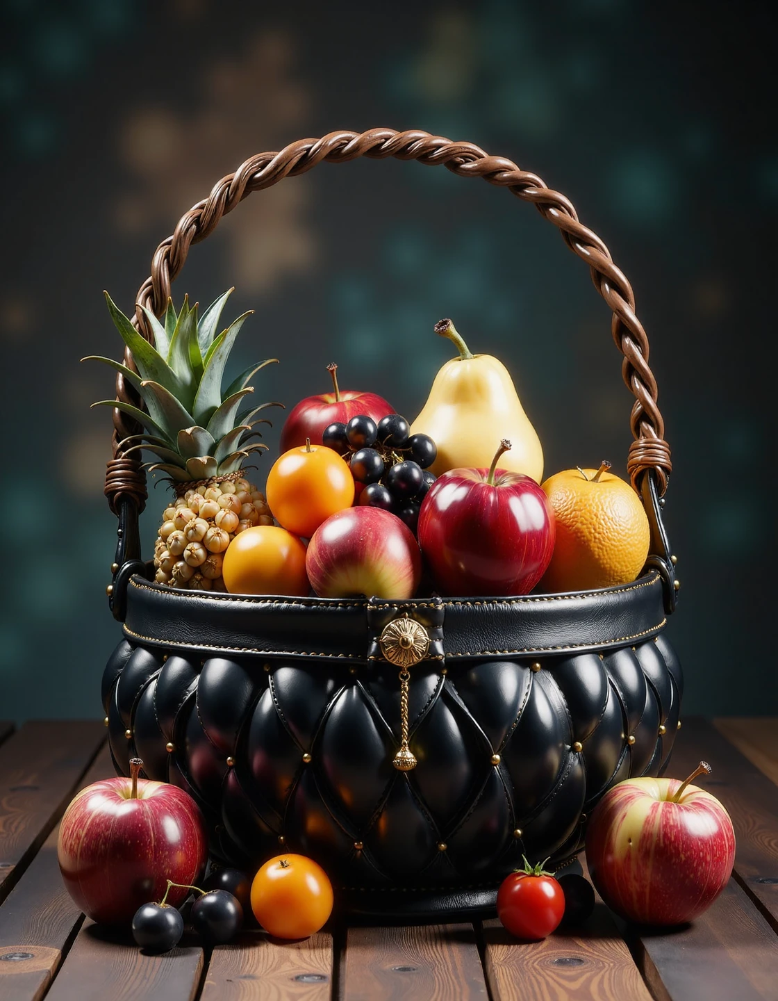 made out of leather, a fruit basket filled with fruits ,  magical atmosphere, dreamy,  <lora:flux-leatherstyle:1>,