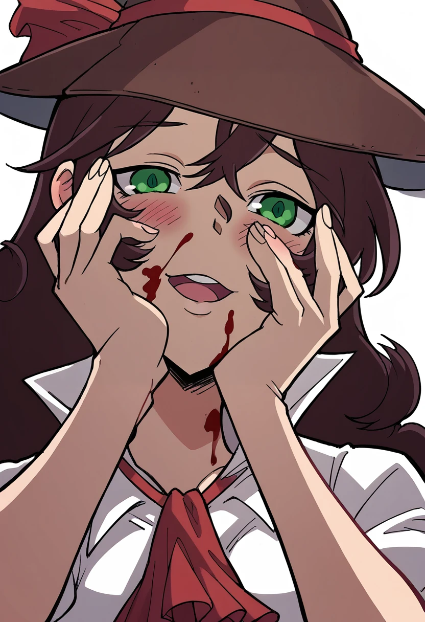 masterpiece, best quality, uncensored, source_anime BREAK score_9, score_8_up, score_7_up, score_6_up, score_5_up, score_4_up, 1girl, solo, mariewright, green eyes, brown hair, very long hair, big hair, curly hair, Expressiveh, hat, white shirt, collared shirt, open collar, ascot, puffy sleeves, yandere trance, close-up, hands on own face, open mouth, head tilt, close-up, blood on face, light smile, heavy blush blushing, looking down, <lora:Expressive_H:0.6> <lora:add-detail-xl:0.5> <lora:mariewright:0.8> <lora:yandere_trance_v1_pruned:1>
