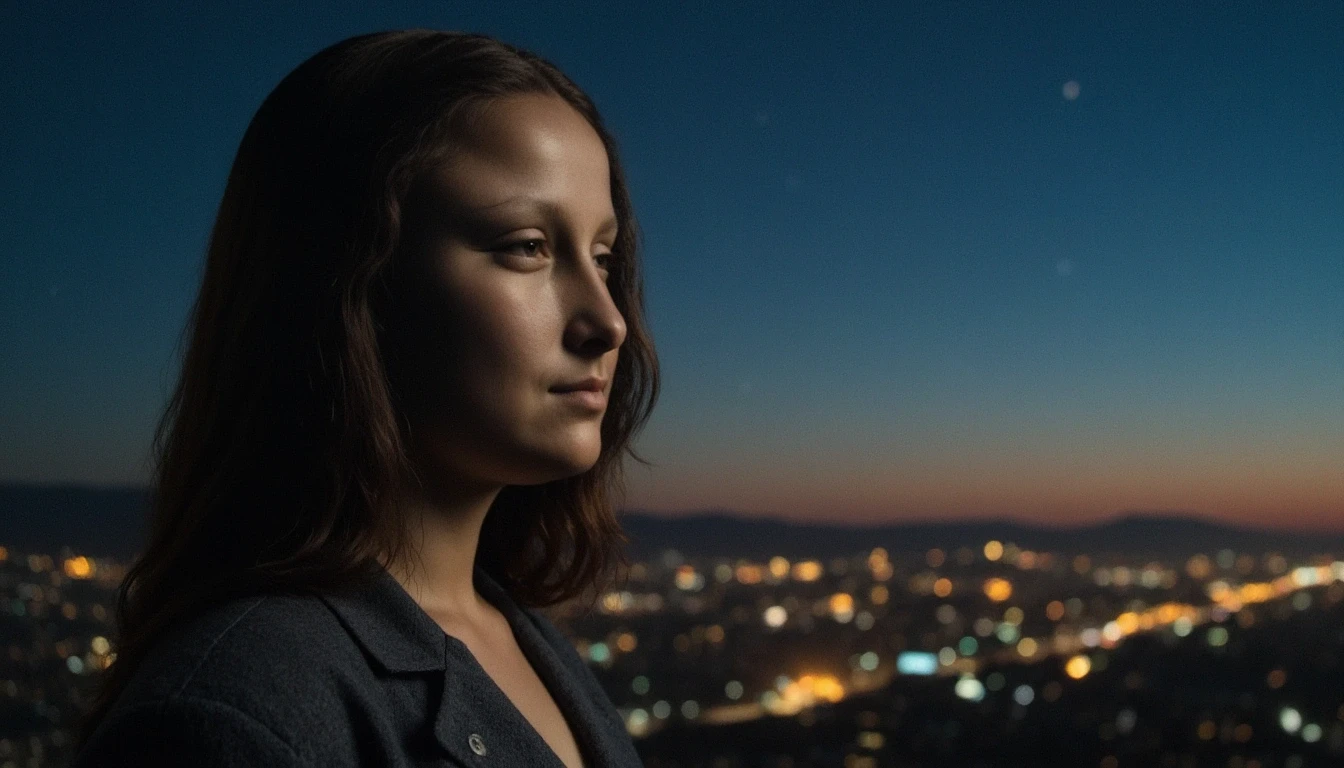 a cinestill photo of MNALSA woman in beautiful night time, long exposure, stars, her face is uplit, cityscape, perfect eyes