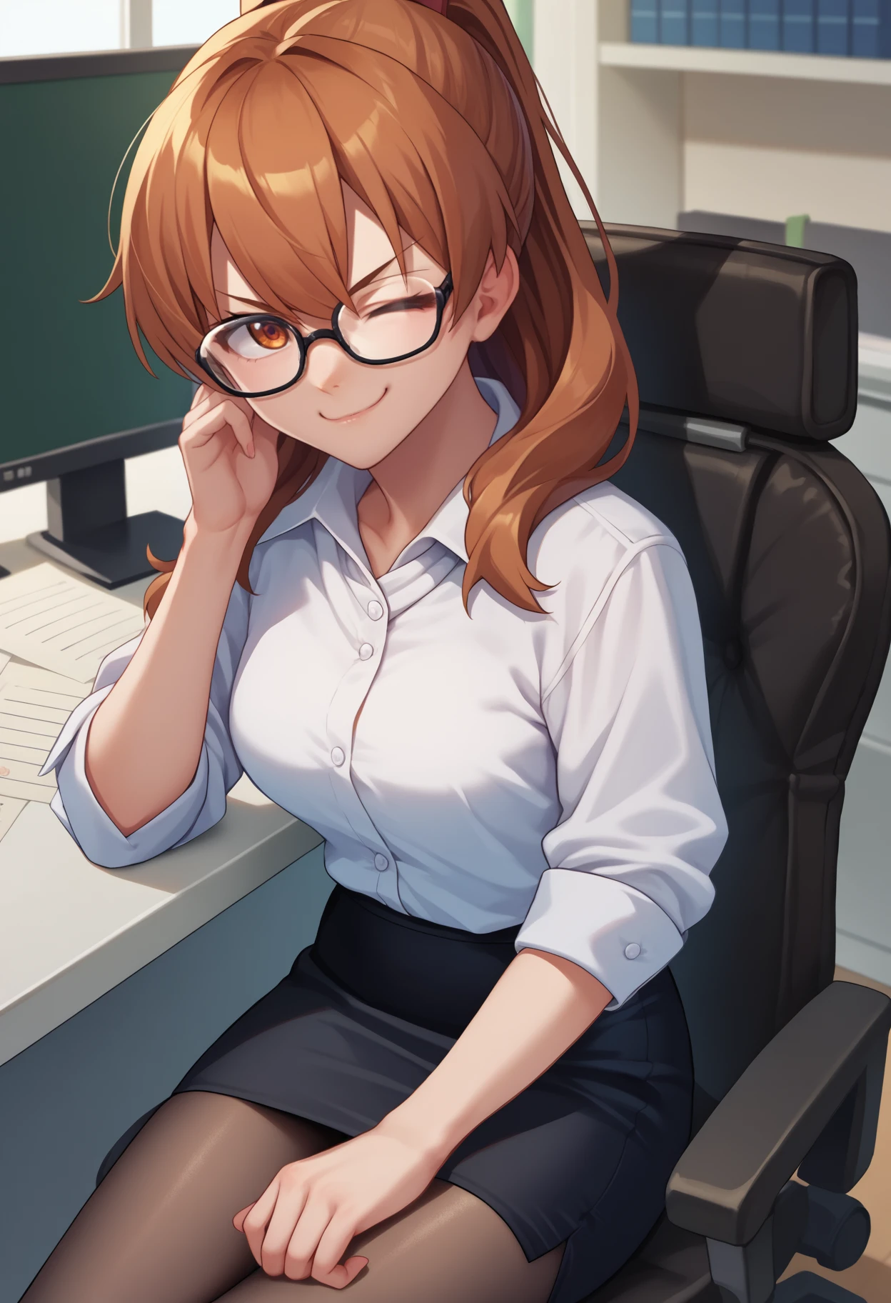 score_9, score_8_up, score_7_up, source_anime, <break> solo, 1girl, agkseryu, smug, looking at you, sitting, swivel chair, long hair, brown hair, ponytail, brown eyes, one eye closed, glasses, white shirt, collared shirt, black skirt, pencil skirt, black pantyhose, indoors, office
<segment:yolo-face_yolov8m.pt,0.4,0.5//cid=1>