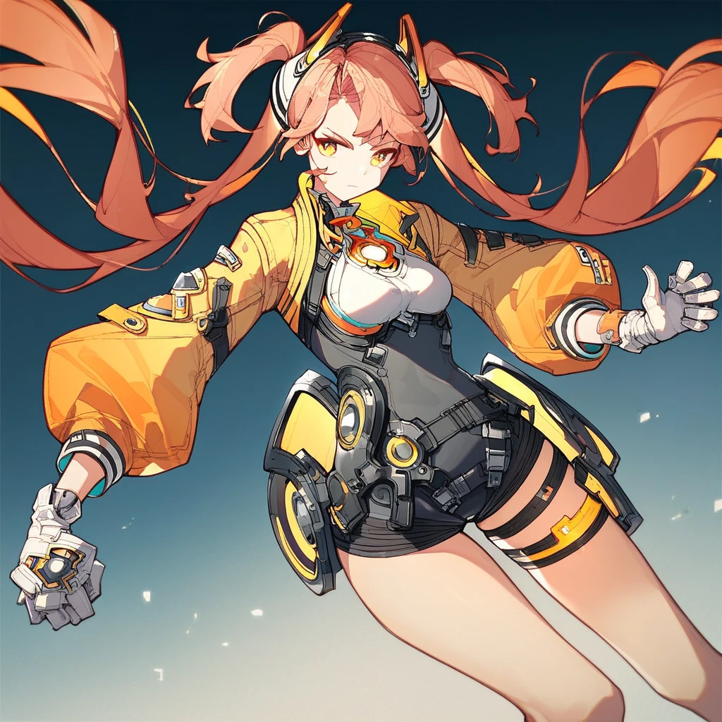 Score_9, score_8_up, score_7_up, e0s-ft, 1girl, long hair, twintails, gloves, breasts, thigh strap, headgear, jacket, orange eyes, white gloves, very long hair, long sleeves, bangs, small breasts, yellow eyes