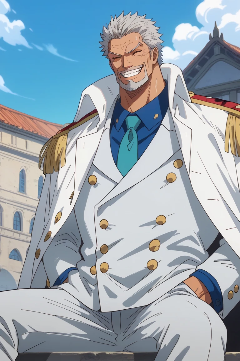 score_9, score_8_up, score_7_up, source_anime, rating_safe, male focus, sitting, GarpOP, white_Garp_old facial hair, grey_Garp_short hair, closed eyes, smirking, yellow-red_Garp_epaulettes, white_Garp_coat on shoulders, white_Garp_double-breasted long sleeves, cyan_Garp_necktie, blue_Garp_shirt, white_Garp_pants, legs apart, hands in pocket, 1boy, anime screencap, dutch angle