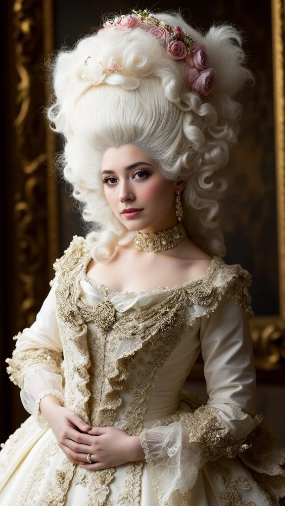 a detailed head and shoulder photo portrait of a cat at a photoshoot striking a pose wearing a rococo dress and a white rococo wig, background is rococo interior, slow motion, bokeh, cinematic 18k film still <lora:HAROQUE2FLUX-000001:0.9>