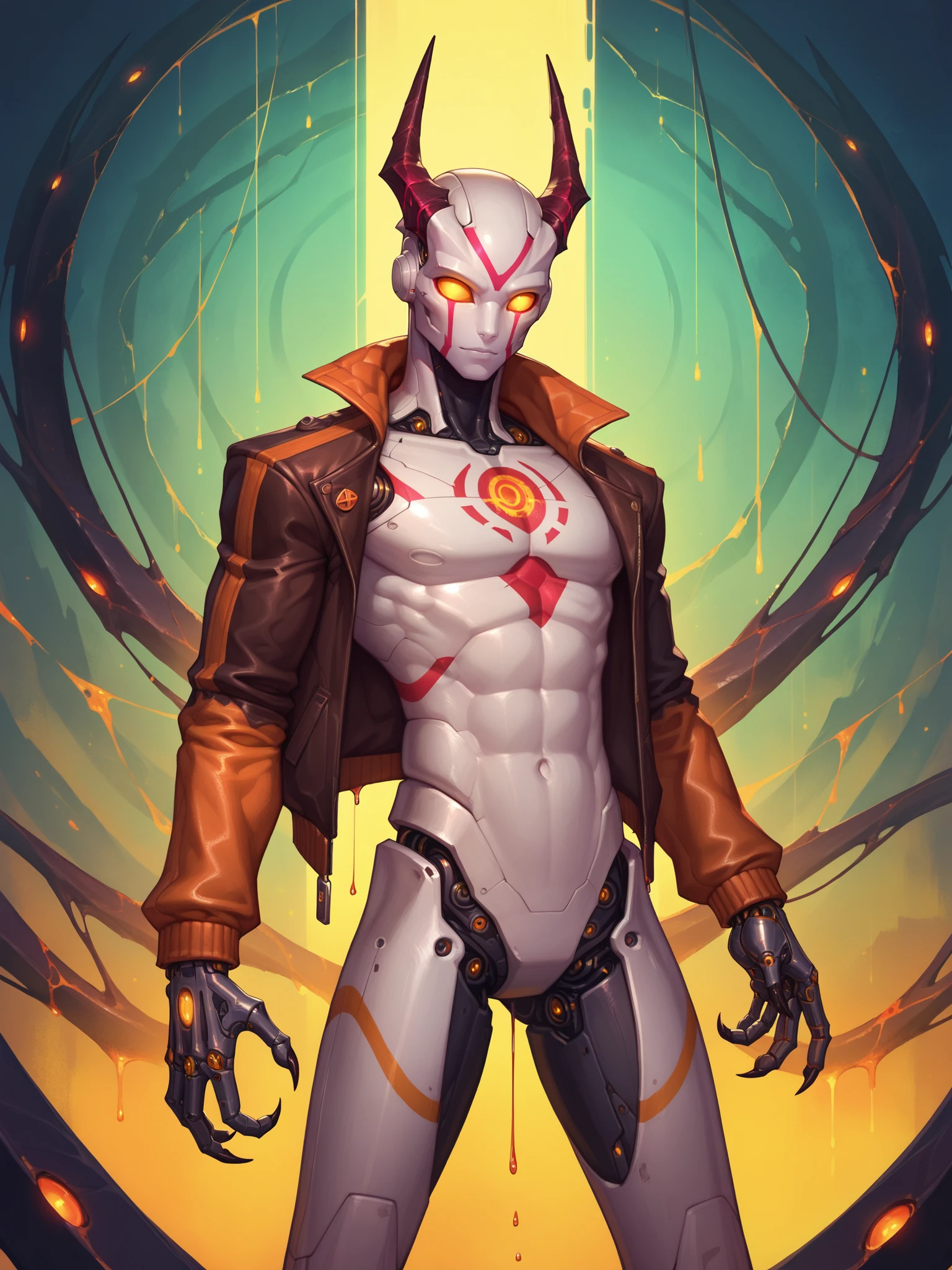 score_9, score_8_up, score_7_up, 1boy, solo, (art by asura \(asurauser\)), cowboy shot, (faceless, eyeless, robot, x-mark face paint:1.2), digital art, colorful, male, cybernetic arms, monster claws, skinny, dripping skin, jacket, horns, hell lava background