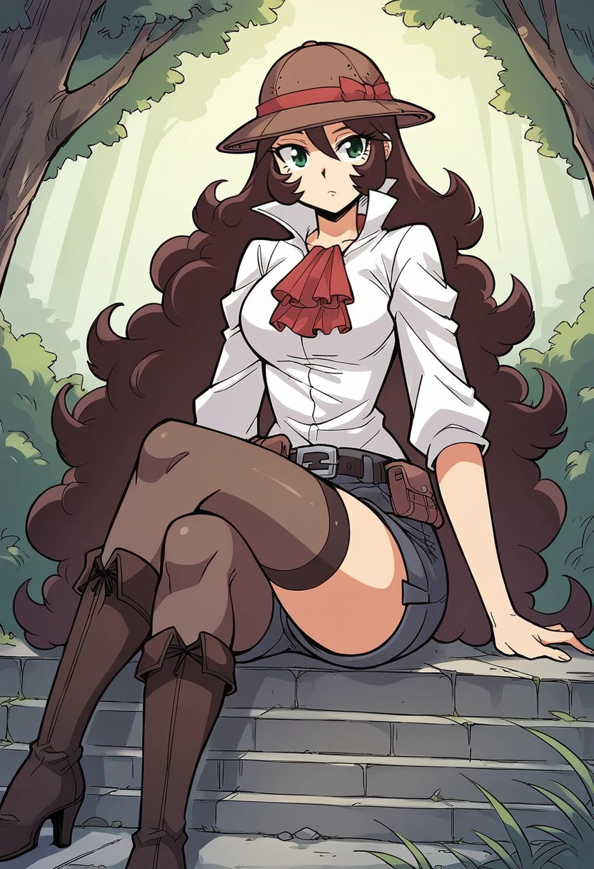 masterpiece, best quality, uncensored, source_anime BREAK score_9, score_8_up, score_7_up, score_6_up, score_5_up, score_4_up, 1girl, solo, mariewright, green eyes, brown hair, very long hair, big hair, curly hair, Expressiveh, hat, white shirt, collared shirt, open collar, puffy sleeves, shorts, belt, ascot, strap, thighhighs, boots, high heels, sitting, crossed legs, outdoors, <lora:Expressive_H:0.6> <lora:add-detail-xl:0.5> <lora:mariewright:0.8>