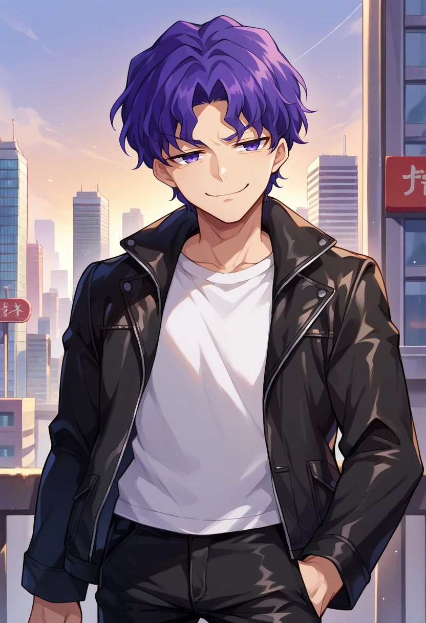 score_9, score_8_up, source_anime, 1boy, solo, ShinjiMatou, purple eyes, purple hair, wavy hair, short hair, parted bangs, black jacket, leather jacket, white shirt, black pants, leather pants, city skyline, outdoors, smug, <lora:ChamMatouShinjiPonyXL:1>