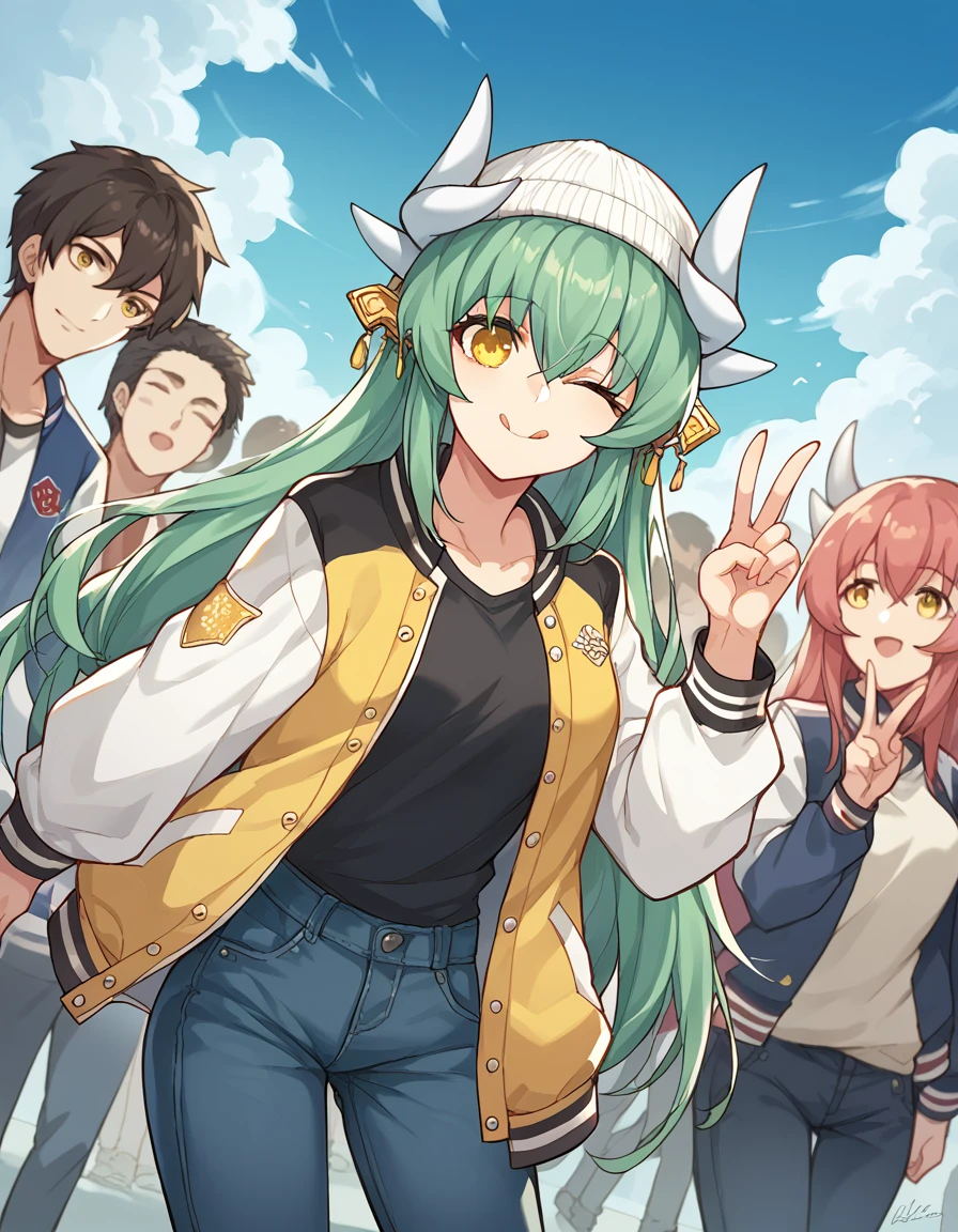 score_9, score_8_up, score_7_up, source_anime, <lora:fgo-kiyohime-ponyxl-lora-nochekaiser:1>, kiyohime, green hair, dragon girl, dragon horns, horns, long hair, yellow eyes, medium breasts,, <lora:letterman-jacket-ponyxl-lora-nochekaiser:1>, letterman jacket, jacket,, outdoors, crowd, people, v, v over eye, one eye closed, tongue out, smile, beanie, pants, open clothes, open jacket, , cowboy shot, dutch angle