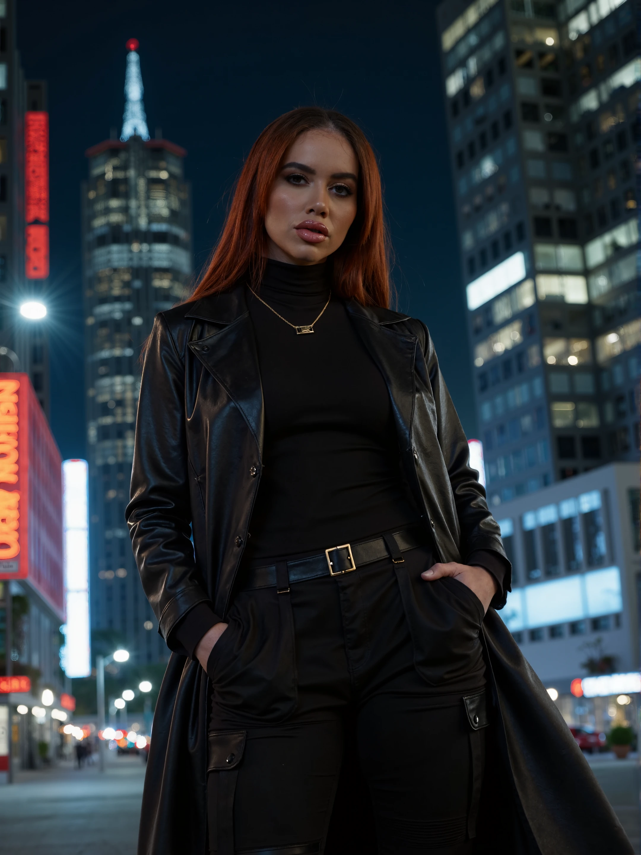 High quality professional photo, a n upper body shot of a gorgeous woman standing in a cyberpunk city street with tall skyscrapers in the background with neon lights. Dystopian city.
The woman is looking at the viewer with a neutral face. She is wearing a long black leather coat, a turtleneck jumper and black cargo pants.
She has long red and straight hair. The photo is taken at night.