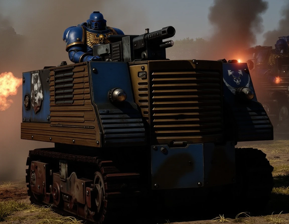 a photograph of an blue and gold ultramarine space marine style bob semple tank, standing behind the tank is an ultramarine space marine, driving into battle, on a battlefield, epic explosions