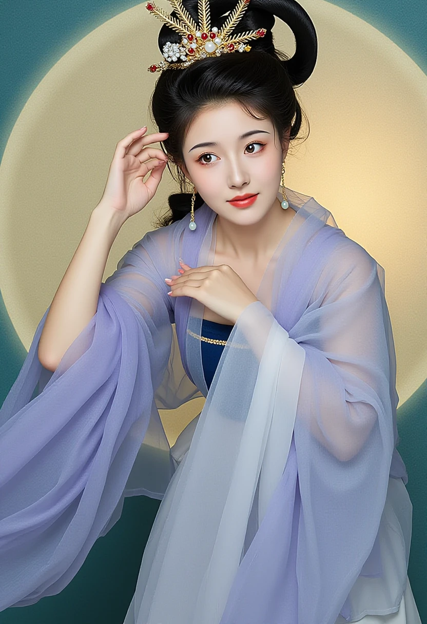 changexianzi, This image is a highly detailed, digital illustration featuring a serene Asian woman in traditional attire. She is standing in a dynamic, slightly forward-facing pose with her right hand gently touching her chest and her left hand gracefully outstretched. Her eyes are gazing softly off to the side, exuding a calm and contemplative expression. The woman's hair is styled elaborately, with an ornate hairpin adorned with intricate golden and jewel details, adding a regal touch. Her dark hair is pulled up high and cascades down in soft, flowing waves, complemented by delicate, fine strands that frame her face. Her outfit is a stunning, flowing traditional dress, predominantly in shades of lavender and blue, with delicate, almost ethereal fabric that billows around her, creating a sense of movement and grace. The dress features long, flowing sleeves and a fitted bodice, with a subtle, high neckline.The background is a soft, muted gradient of blues and greens, with a large, faintly glowing, circular moon-like shape in the upper right corner, adding an ethereal, celestial ambiance to the scene. The overall style of the illustration is highly detailed and realistic, with a focus on capturing the softness and elegance of the subject's attire and