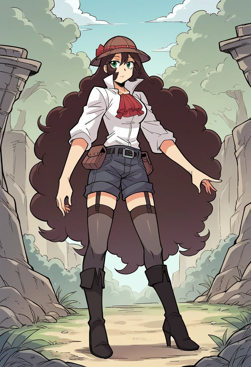 masterpiece, best quality, uncensored, source_anime BREAK score_9, score_8_up, score_7_up, score_6_up, score_5_up, score_4_up, 1girl, solo, mariewright, green eyes, brown hair, very long hair, big hair, curly hair, Expressiveh, hat, white shirt, collared shirt, open collar, puffy sleeves, shorts, belt, ascot, strap, thighhighs, boots, high heels, pouch, outdoors <lora:Expressive_H:0.6> <lora:add-detail-xl:0.5> <lora:mariewright:0.8>