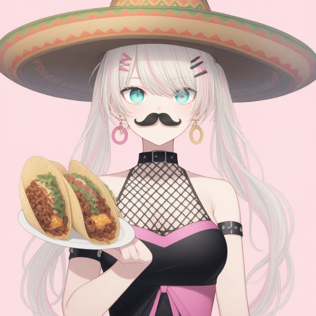 lia, arm strap, bare shoulders, triangle fishnets, hair ornament, jewelry, long hair, streaked hair, pink bow, pink ribbon, ribbon, solo, black white and pink sportswear, bolt earrings, twintails, oval eyes, platinum blonde hair,
(((curly mustache, tacos, food, sombrero hat))),
 <lora:LIA-XLv2-t1-000004:0.6>