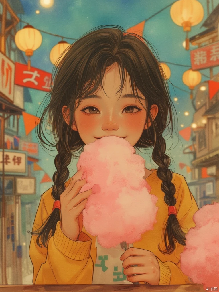 OBxiantiao,The  girl with braided hair is eating cotton candy, with a happy smile on her face.